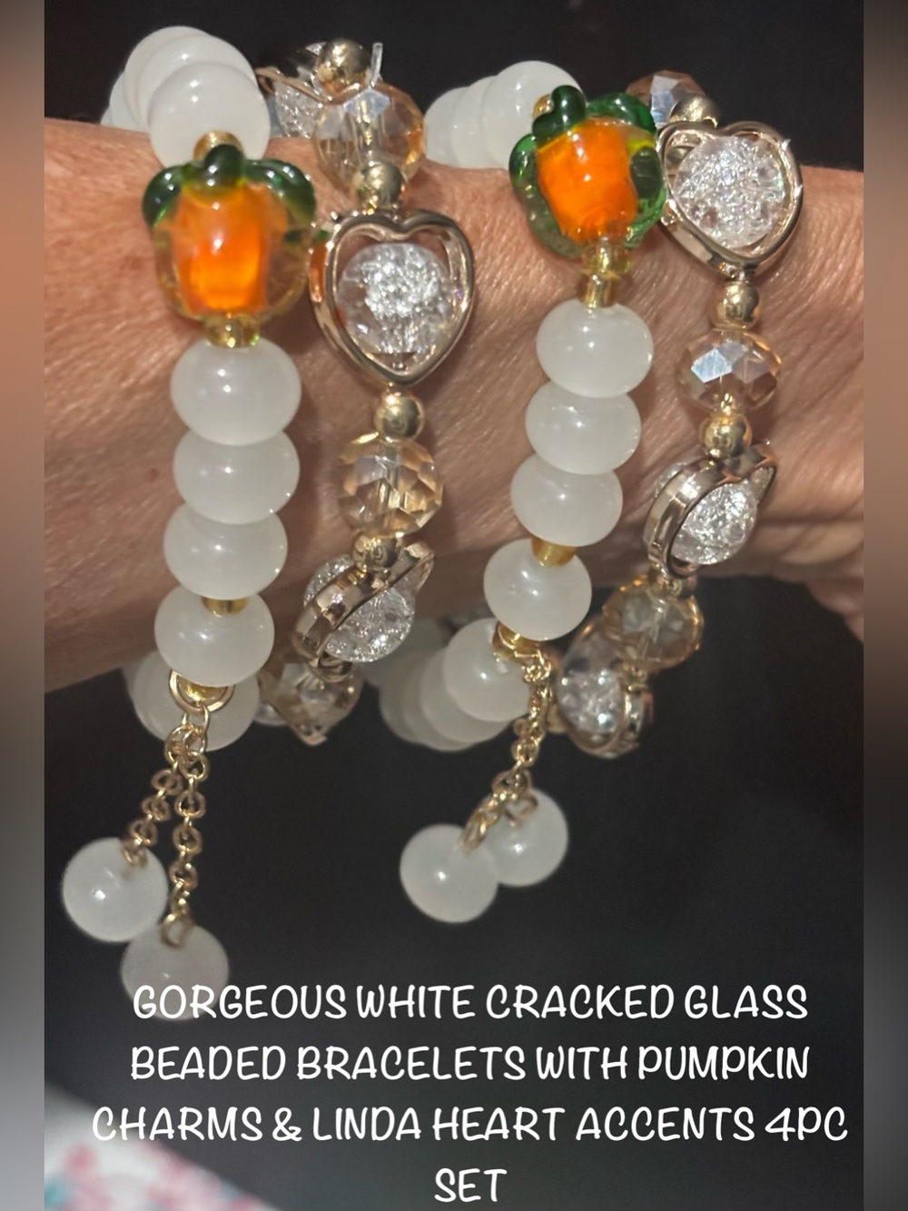Gorgeous Glass Cracked White Beaded Bracelet Set with Orange Pumpkin Charms